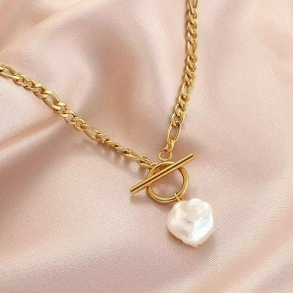 18K Gold Plated Chain Link Baroque‎ Freshwater Pearl Pendant Necklace 17..5in - Picture 7 of 10